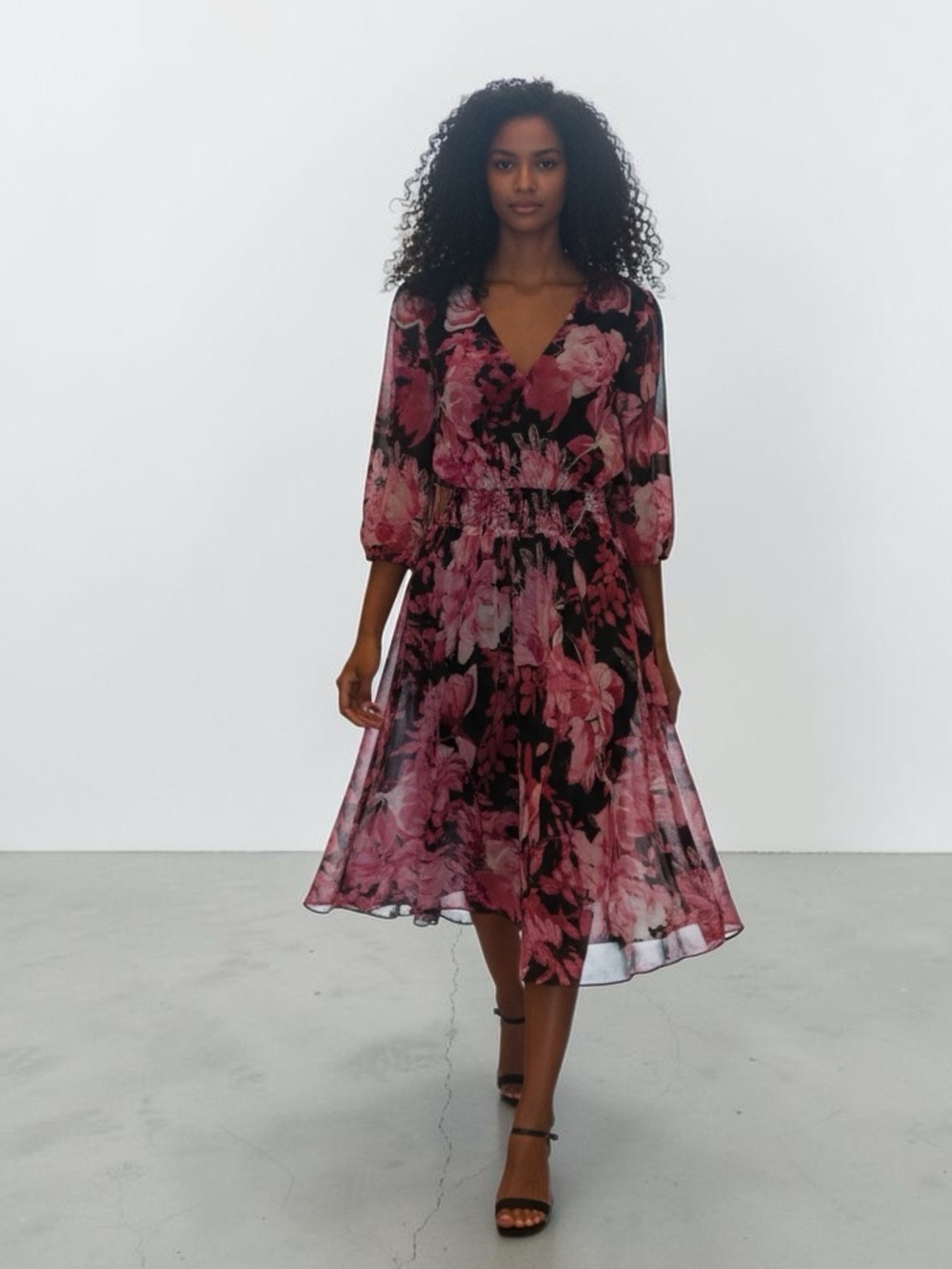 Kate & Lily Floral V-Neck Pink Midi Dress with Elastic Waist